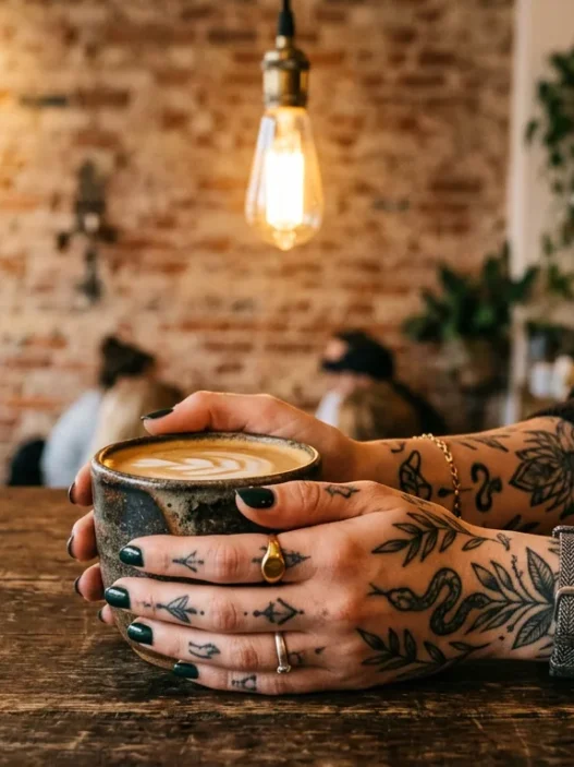 Woman with tattooed hands wrapped around ceramic coffee cup in trendy cafe with warm lighting