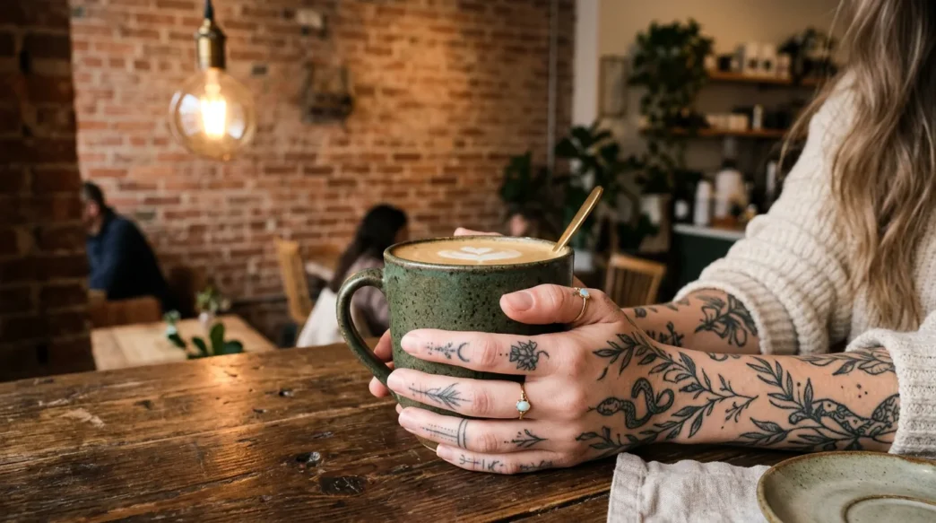 Woman's tattooed hands wrapped around ceramic coffee cup in trendy cafe with warm lighting
