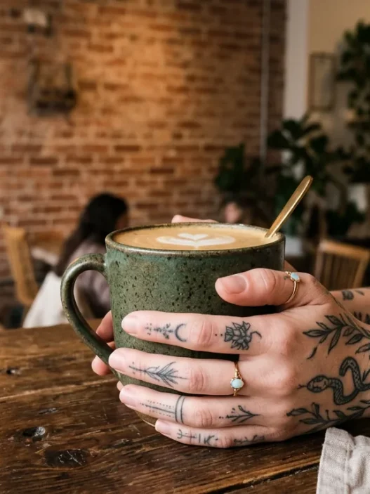 Woman's tattooed hands wrapped around ceramic coffee cup in trendy cafe with warm lighting