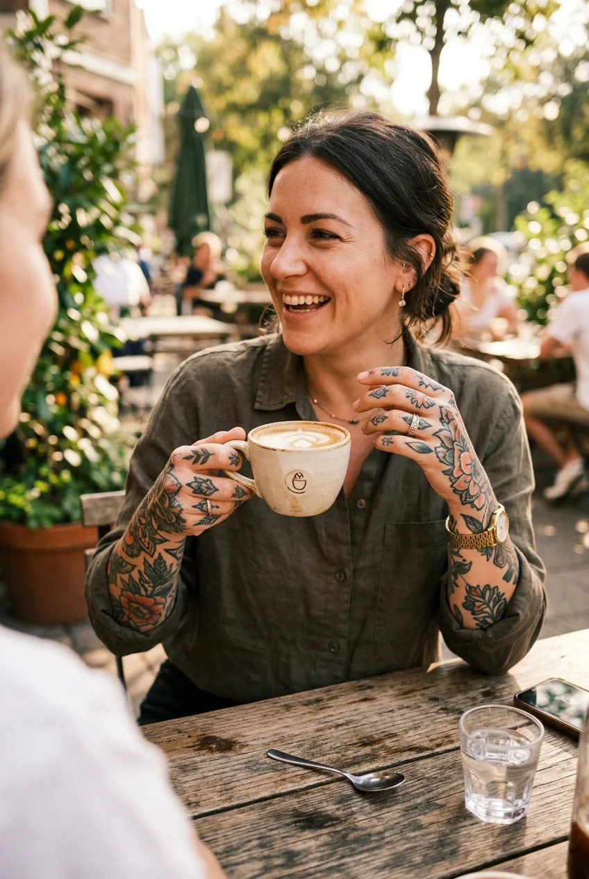 Woman's tattooed hands holding coffee cup during casual outdoor conversation at cafe