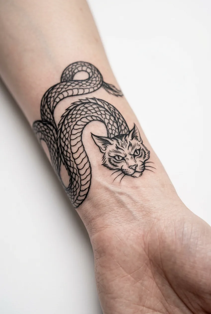 Tatzelwurm with distinctive cat-like facial features on delicate wrist placement