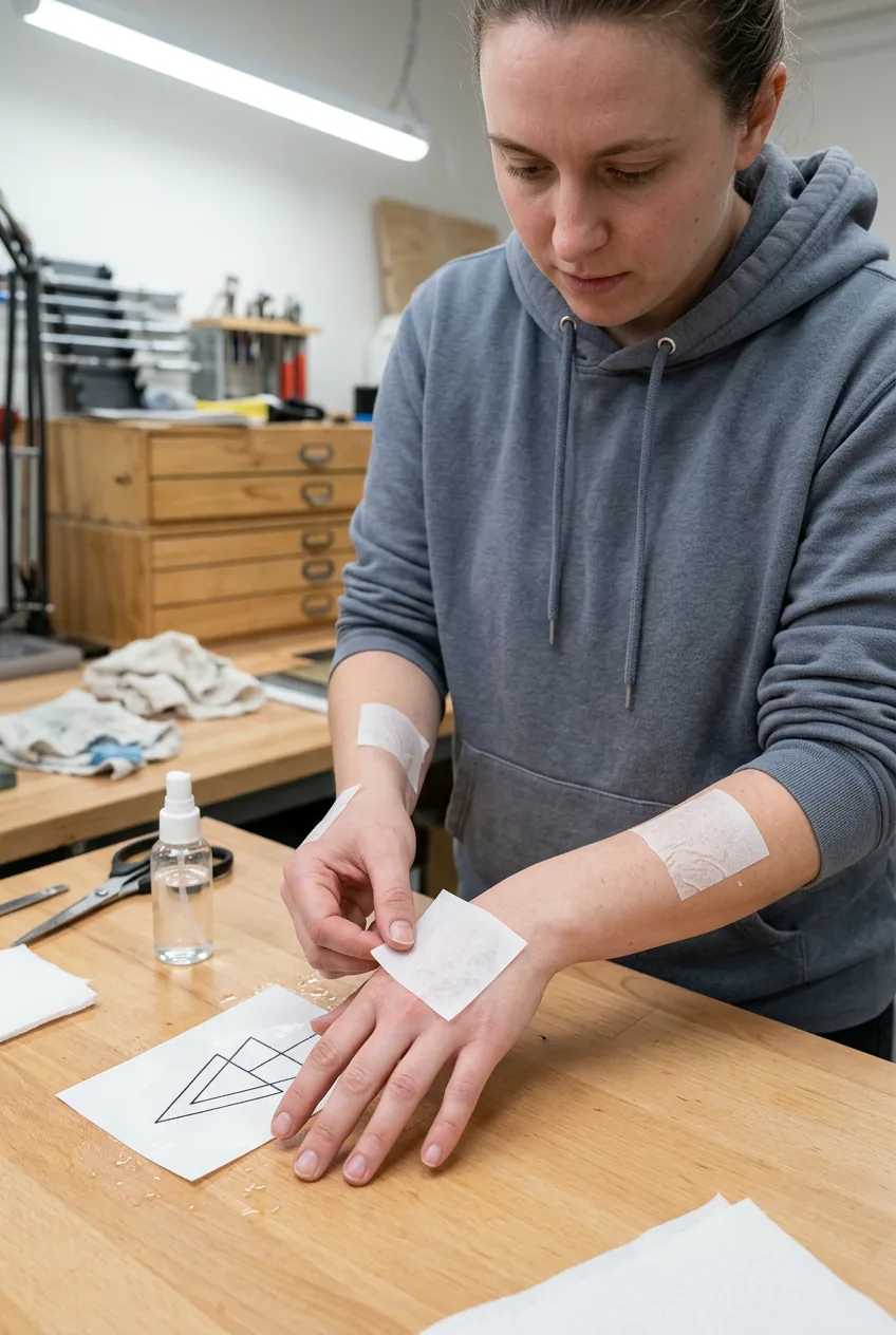 Multiple temporary tattoo transfers being tested on different hand locations for placement decision making