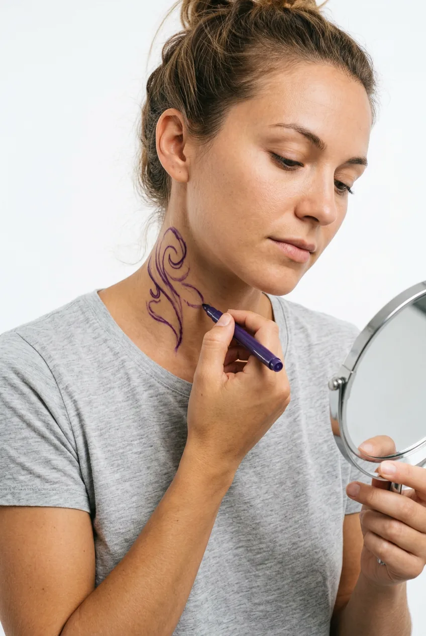 Woman testing neck tattoo placement using washable markers before committing
