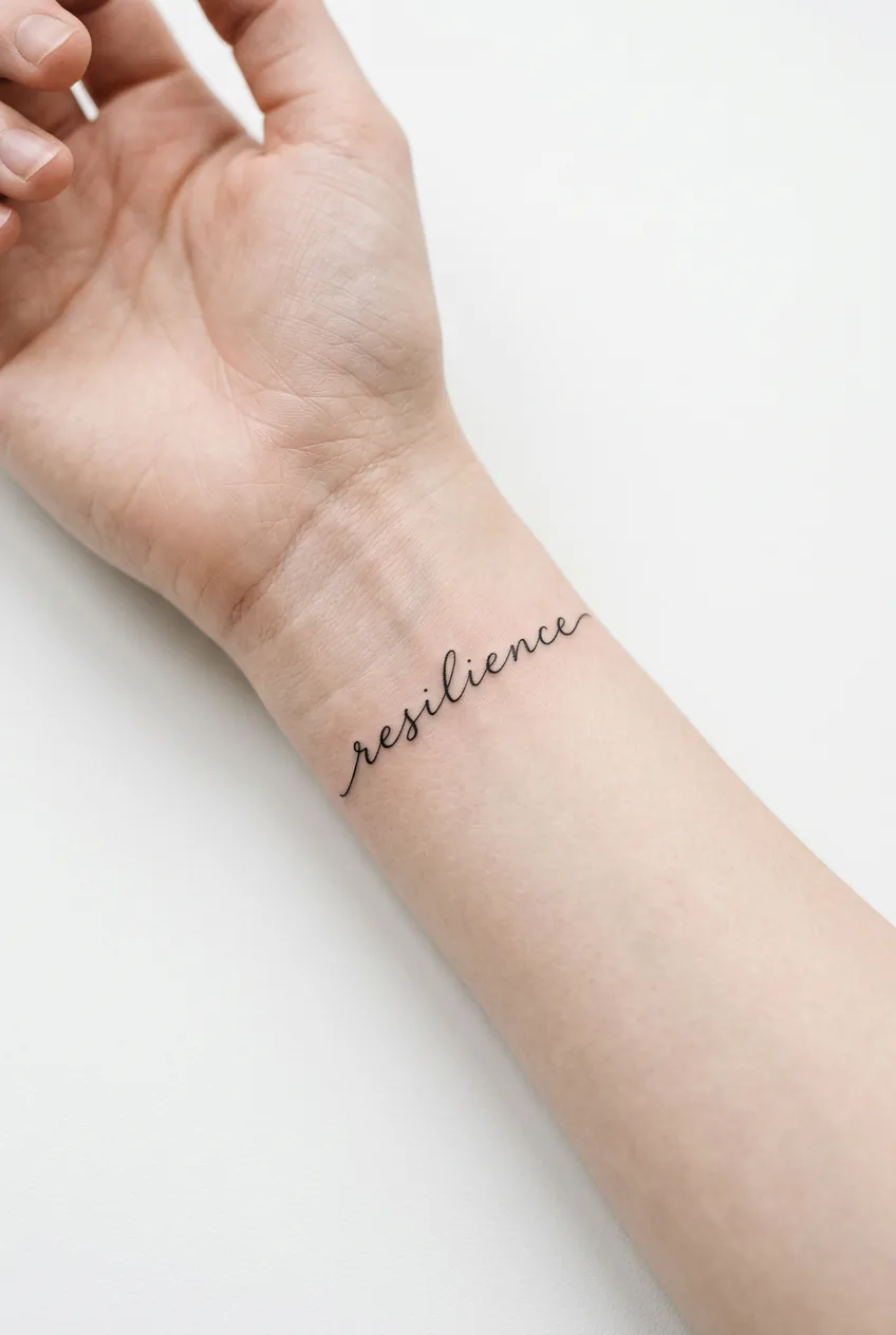 Thin script lettering tattoo positioned along woman's inner wrist