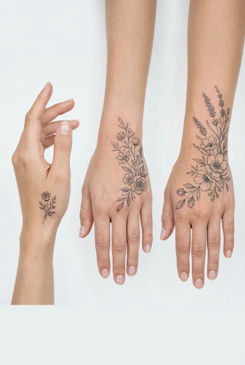 Three different sized delicate floral hand tattoos displayed on woman's hands against white background