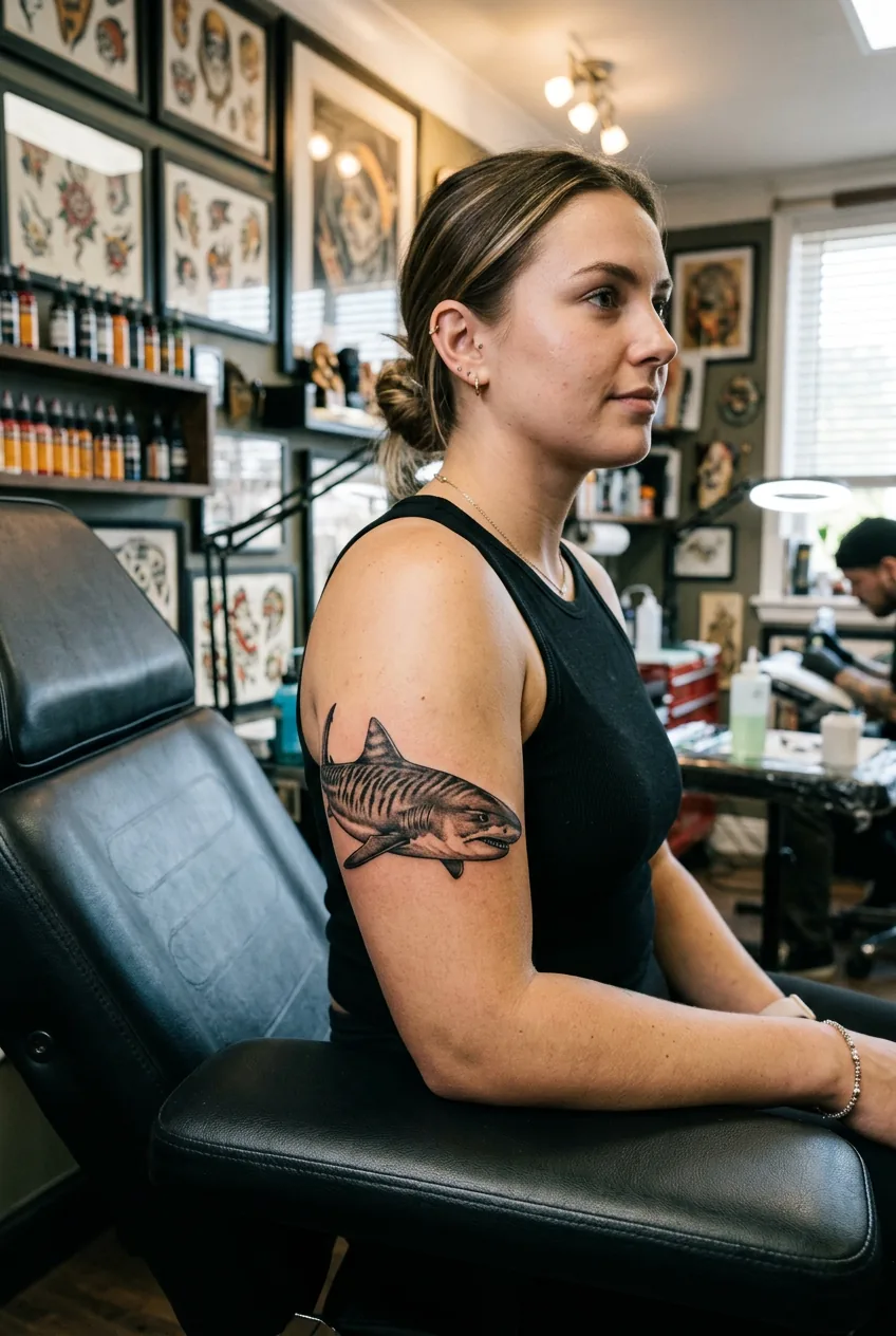 Woman's upper arm featuring realistic tiger shark tattoo with distinctive stripe patterns and shading