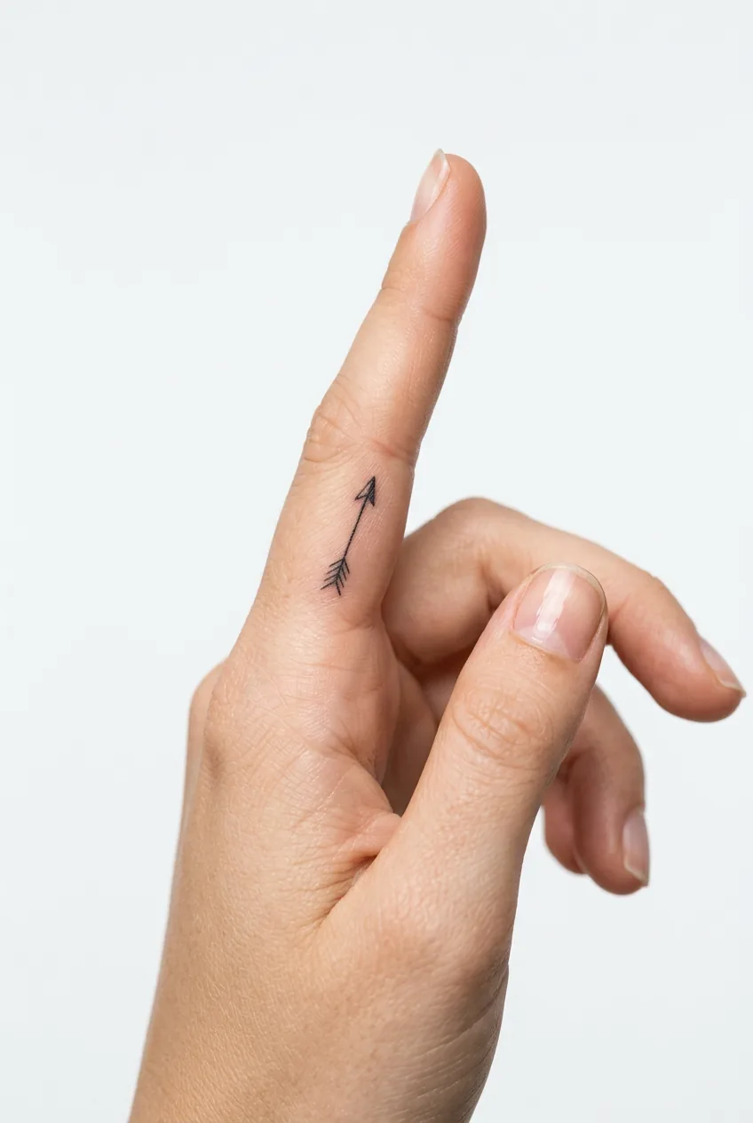 Tiny arrow tattoo placed on the side of woman's index finger