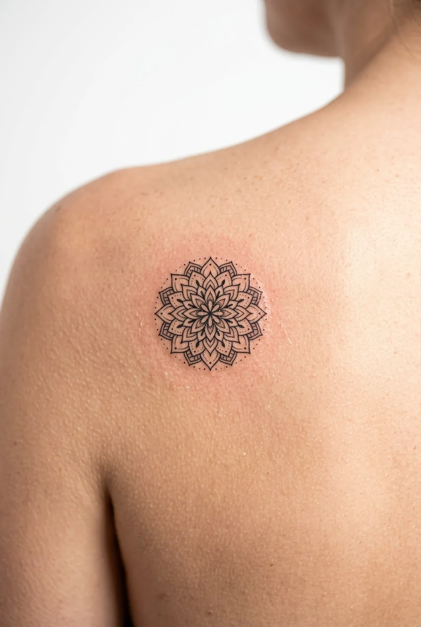 Tiny mandala circle tattoo on woman's shoulder blade area featuring delicate line work