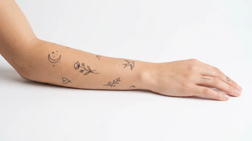 Collection of various tiny minimalist tattoos displayed on clean white background with studio lighting