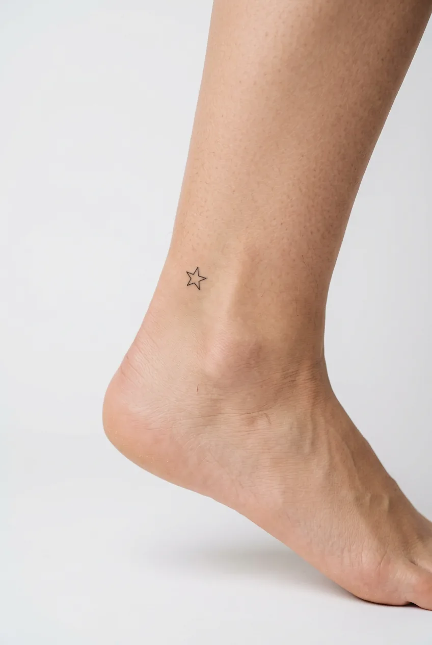 Small star tattoo positioned above ankle bone on woman's foot with minimal design