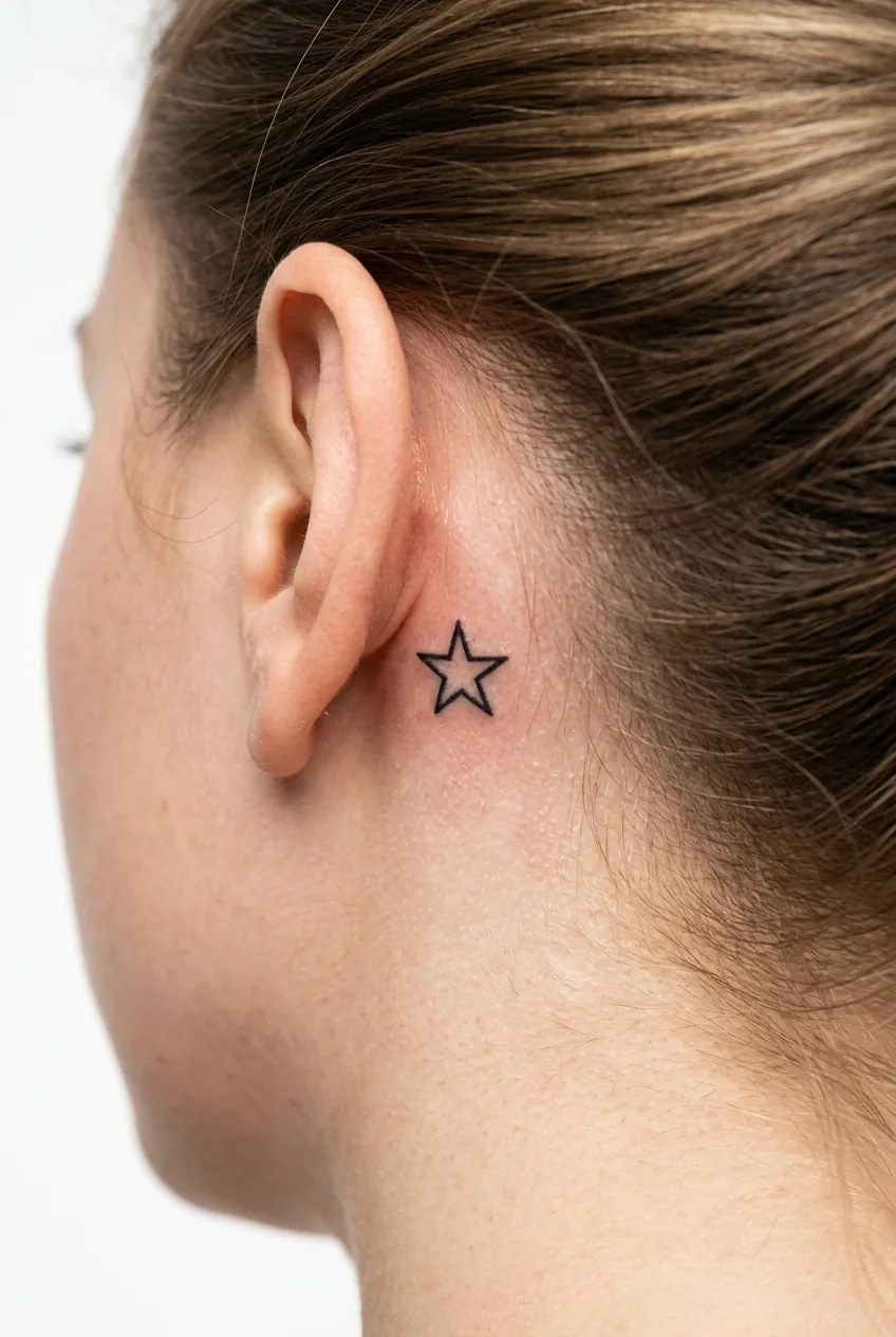 Tiny star symbol tattoo placed behind woman's ear with minimal black ink and precise placement