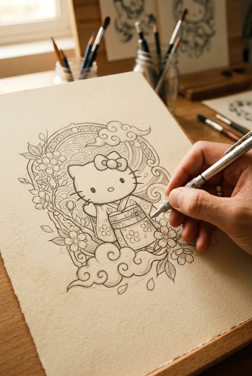 Detailed pencil sketch of Hello Kitty with cherry blossoms and traditional Japanese design elements