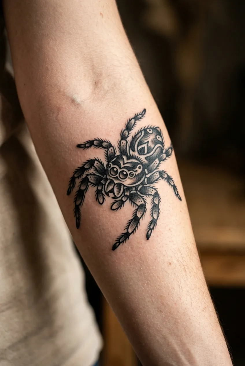 Traditional American style jumping spider tattoo on woman's forearm with bold black outlines