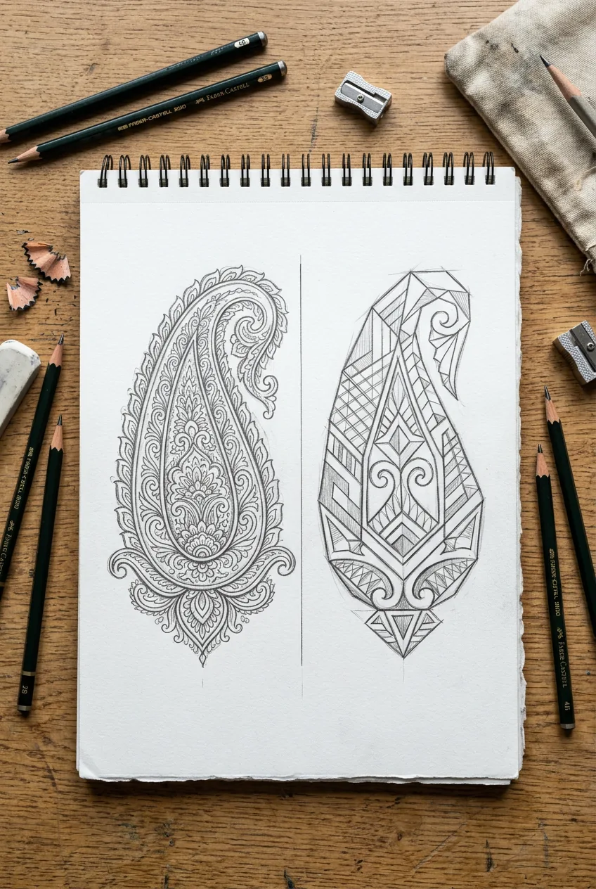 Side-by-side pencil sketches comparing traditional paisley motif with modern geometric interpretation on paper