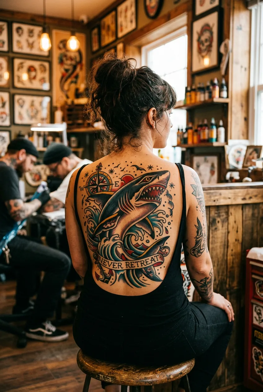 Woman's back displaying large traditional American style shark tattoo with nautical design elements