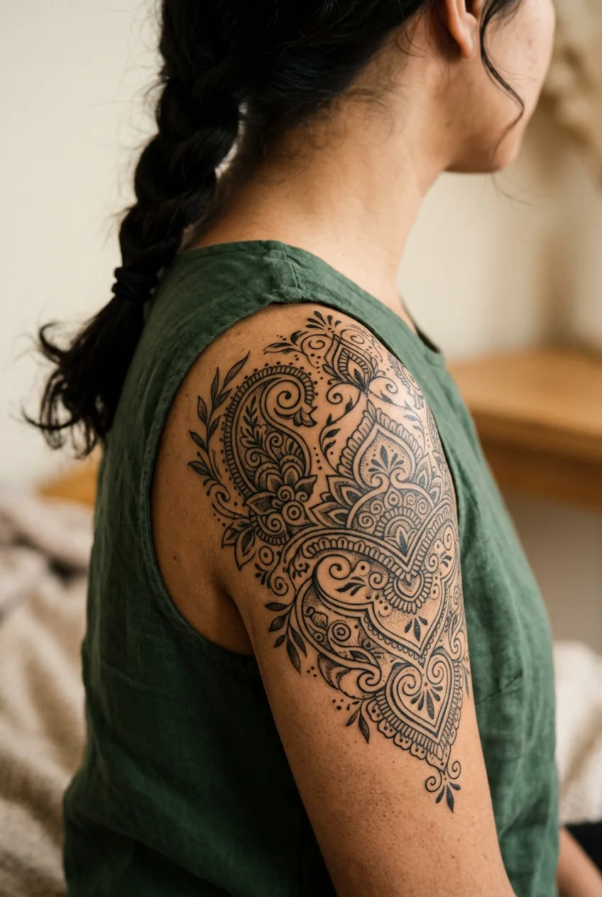 Woman's shoulder displaying intricate traditional henna-inspired tattoo with detailed paisley and mandala patterns