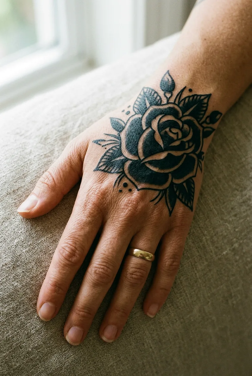 Close-up of traditional rose tattoo with bold black lines on back of woman's hand