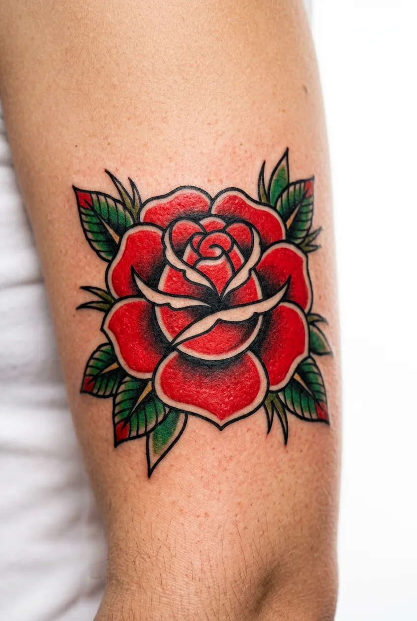 Traditional sailor rose with bold red coloring and classic outline on upper arm