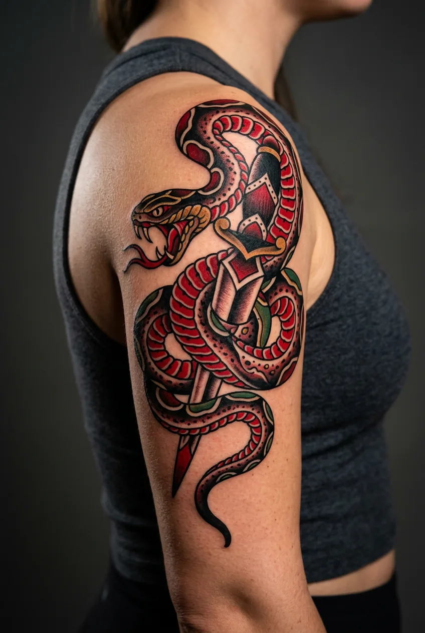 Bold traditional snake tattoo on woman's upper arm with classic American color work in reds and blacks