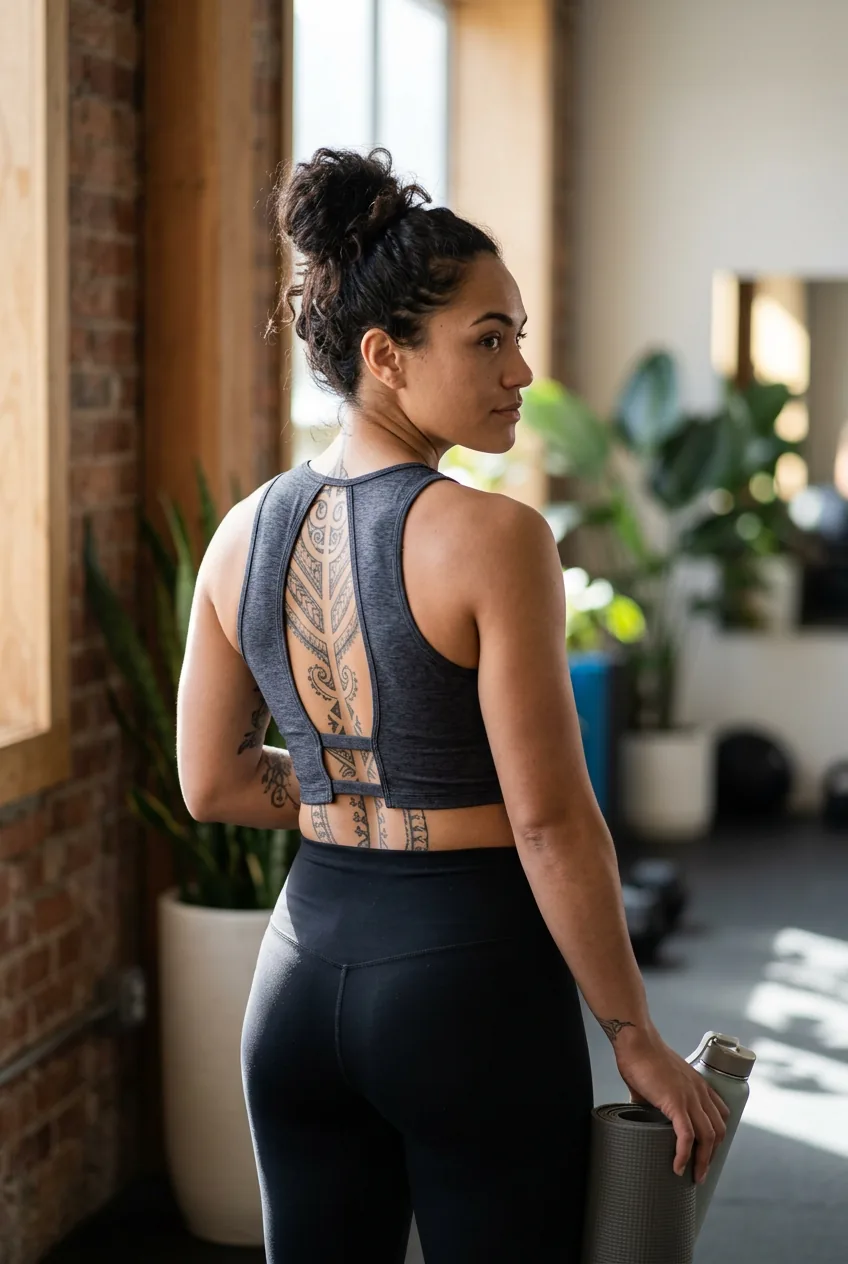 Woman with traditional-inspired spine tattoo showing respectful pose honoring tattoo cultural heritage