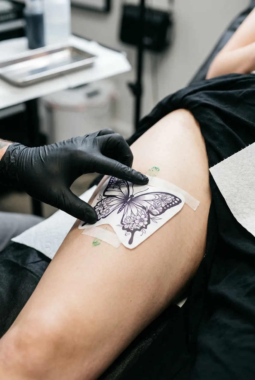 Artist using transfer paper to position butterfly design on client's outer thigh