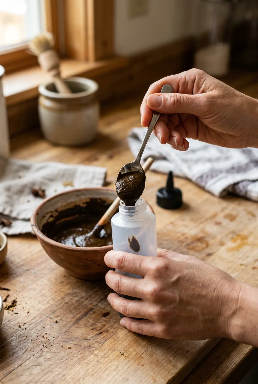 Hands transferring thick henna paste from mixing bowl into clear plastic squeeze bottle