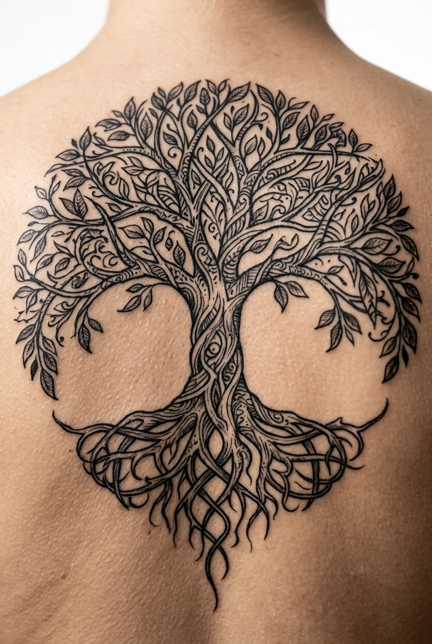 Detailed tree of life showing both root system and branch canopy on woman's back