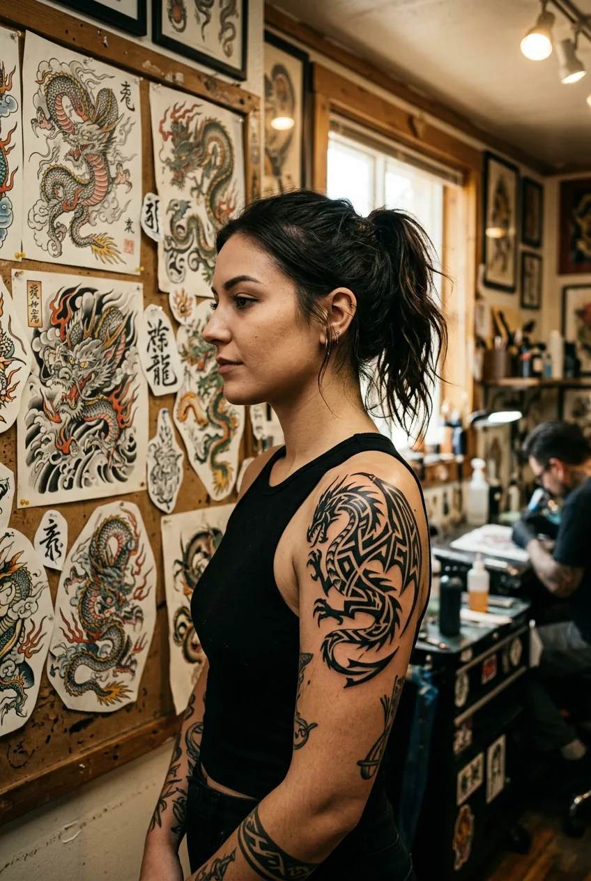 Woman showing tribal dragon tattoo on shoulder contrasting with traditional Asian dragon flash art on studio wall