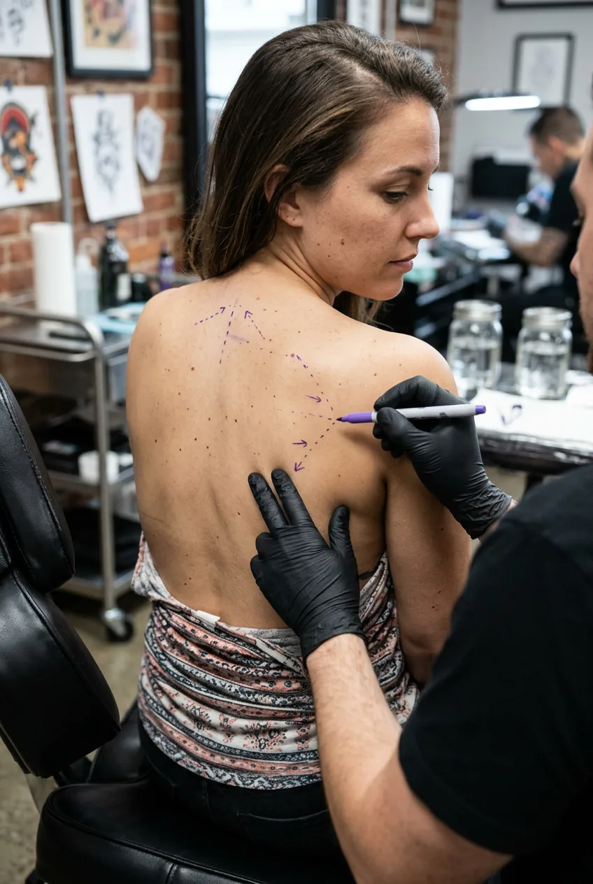 Close-up of upper back area with tattoo artist marking placement options using washable marker