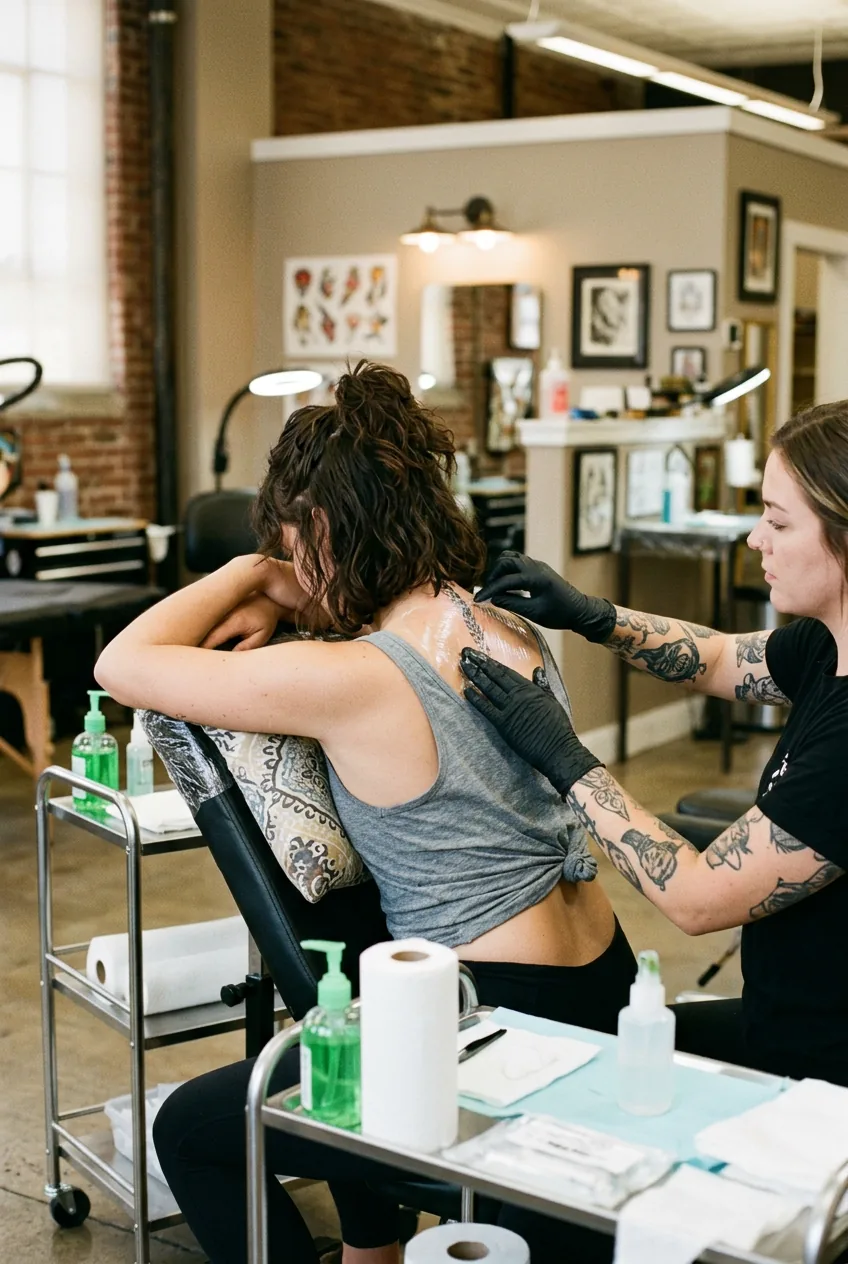 Woman sitting forward in tattoo chair showing upper spine placement during protective film application