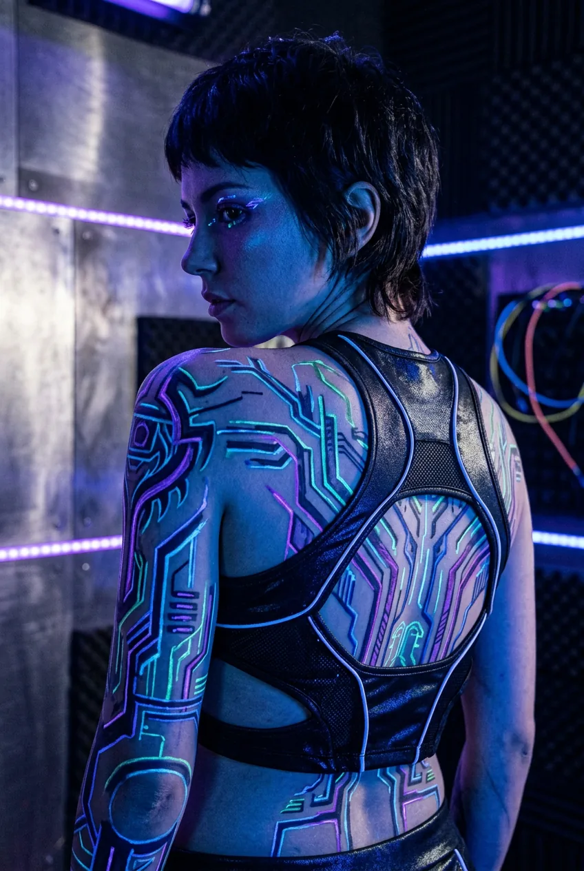Woman with UV-reactive cybersigilism tattoo glowing under blacklight in studio setting