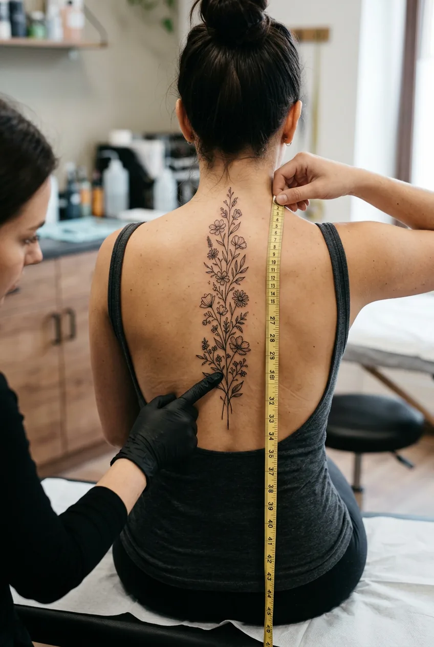 Close-up view of delicate vertical floral design centered between shoulder blades during consultation