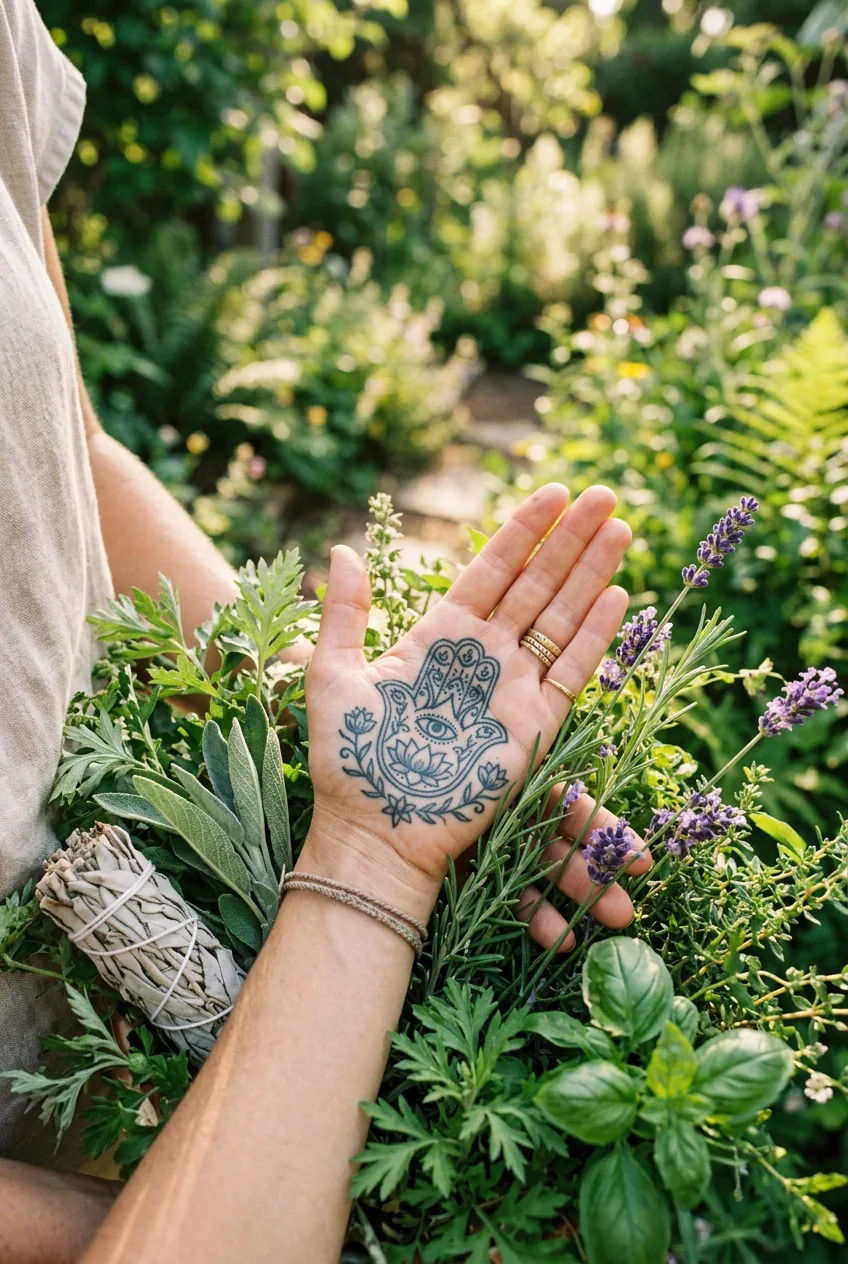 Woman's ankle showing vine tattoo surrounded by climbing ivy and grape vines in garden arbor