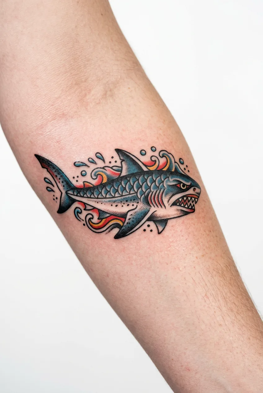 Fresh vintage flash bull shark tattoo in traditional americana style on woman's forearm