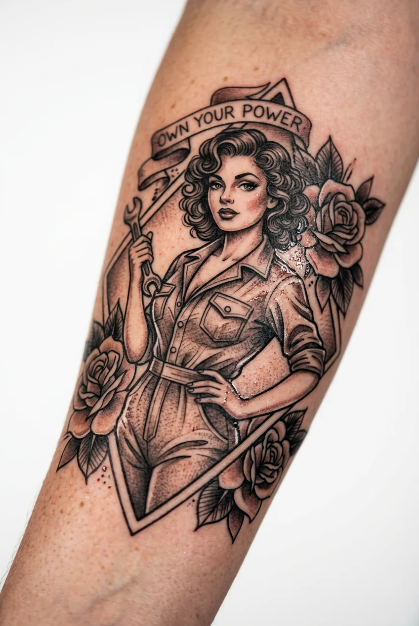 Vintage pin-up portrait tattoo with modern feminist twist showing detailed shading and portraiture