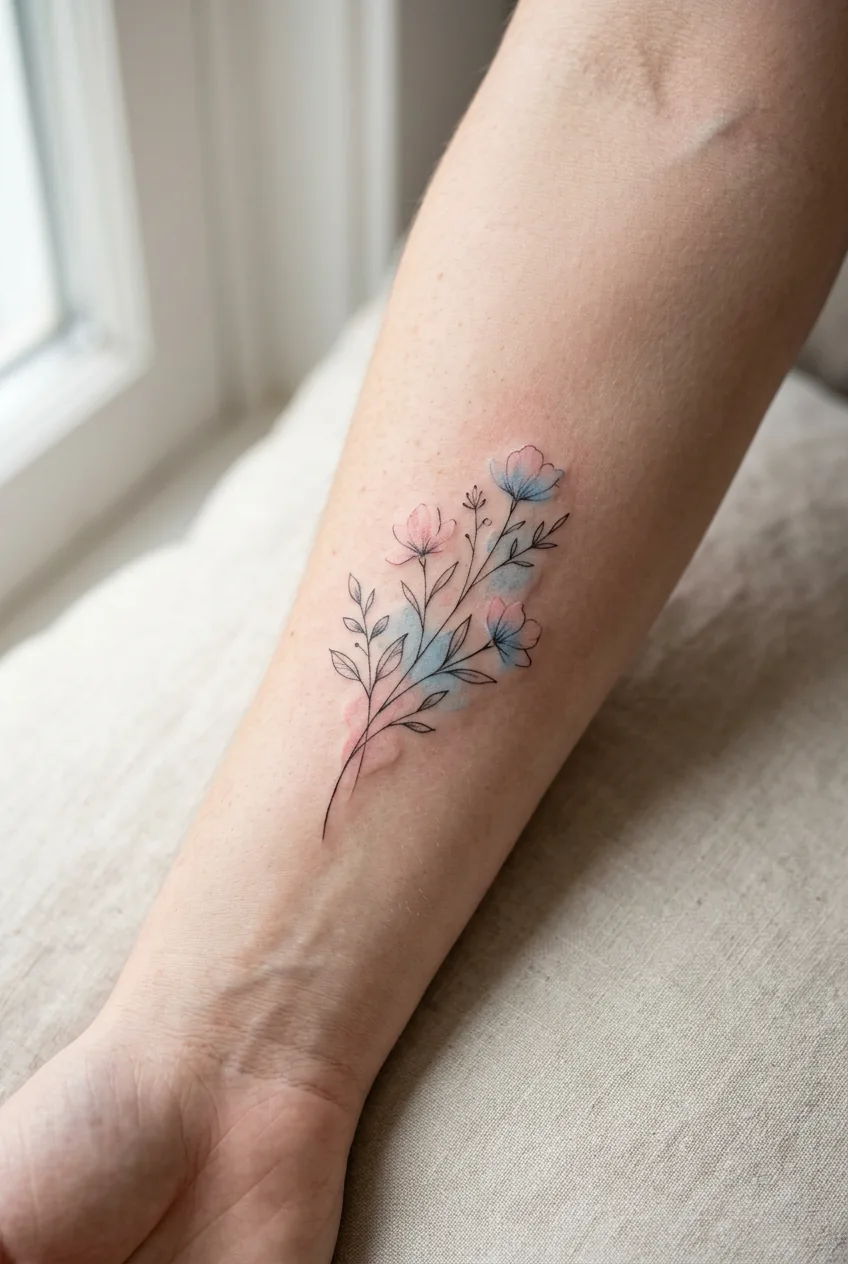 Fine-line tattoo with subtle watercolor accents showing pink and blue color washes over black framework