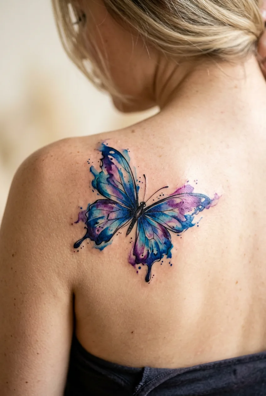 Watercolor-style butterfly tattoo on woman's shoulder blade with flowing blue and purple colors