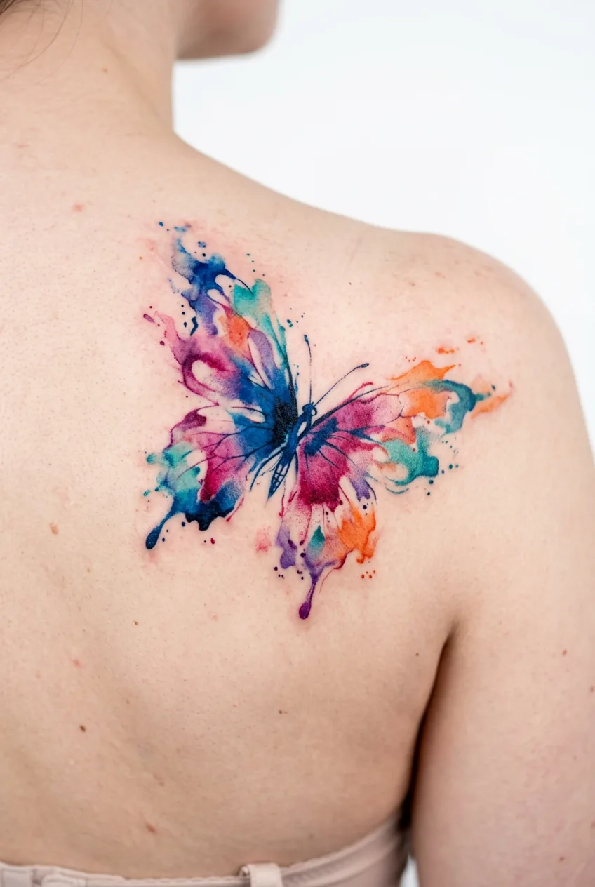 Watercolor butterfly tattoo on shoulder blade with paint-splashed aesthetic and bleeding colors