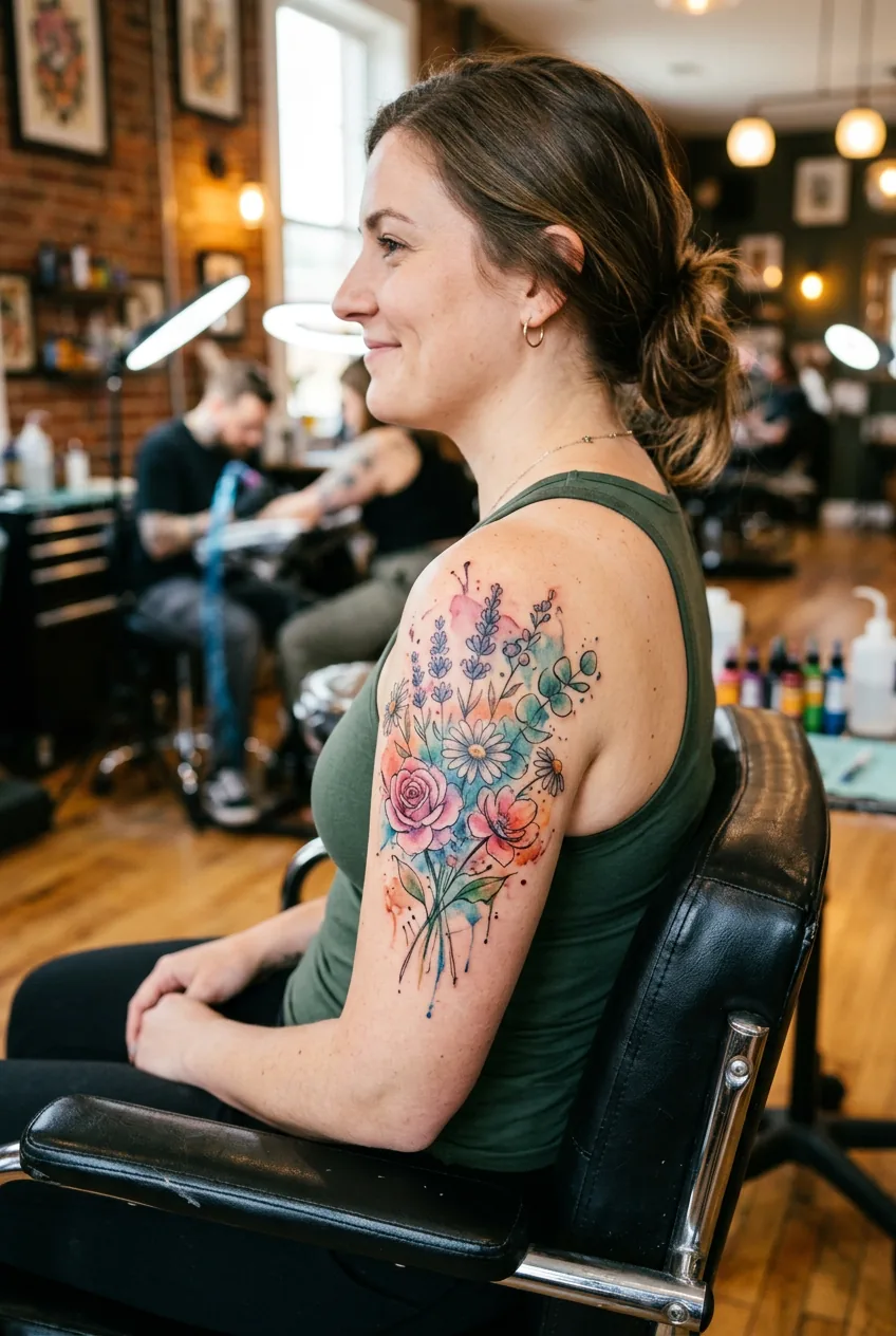 Watercolor style floral tattoo on upper arm displaying soft painted edges and color bleeds