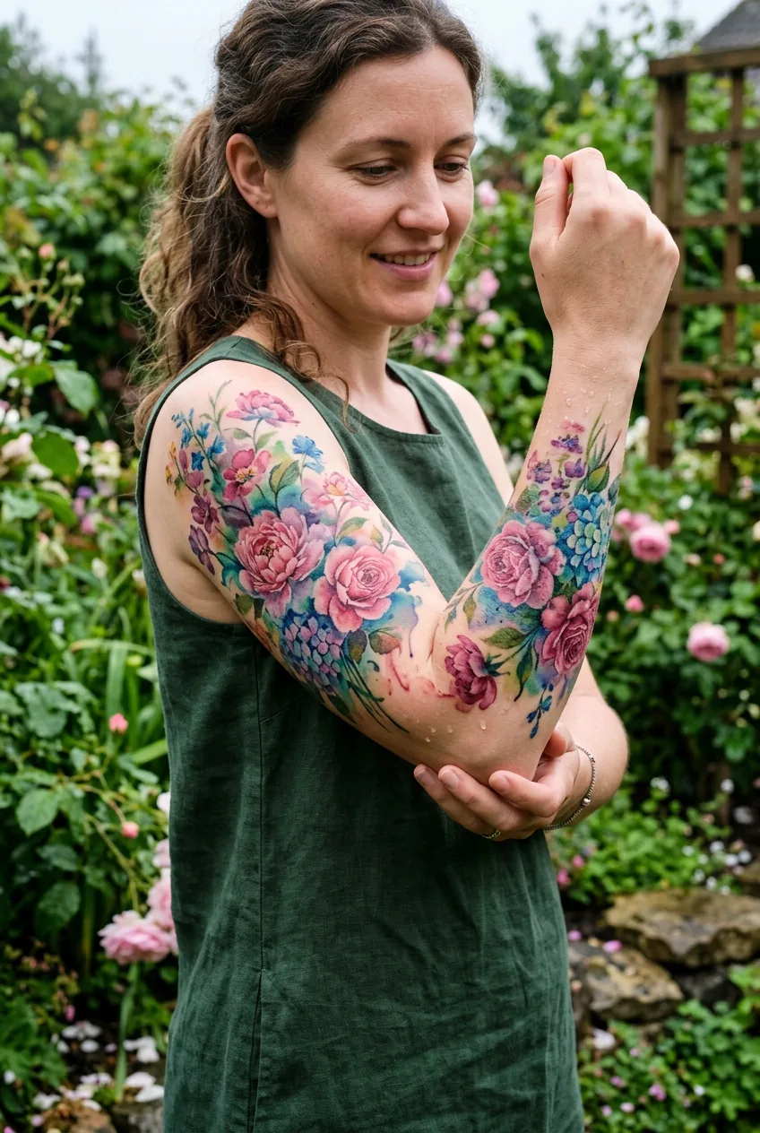 Woman displaying watercolor flower tattoos with vibrant bleeding colors and artistic botanical design