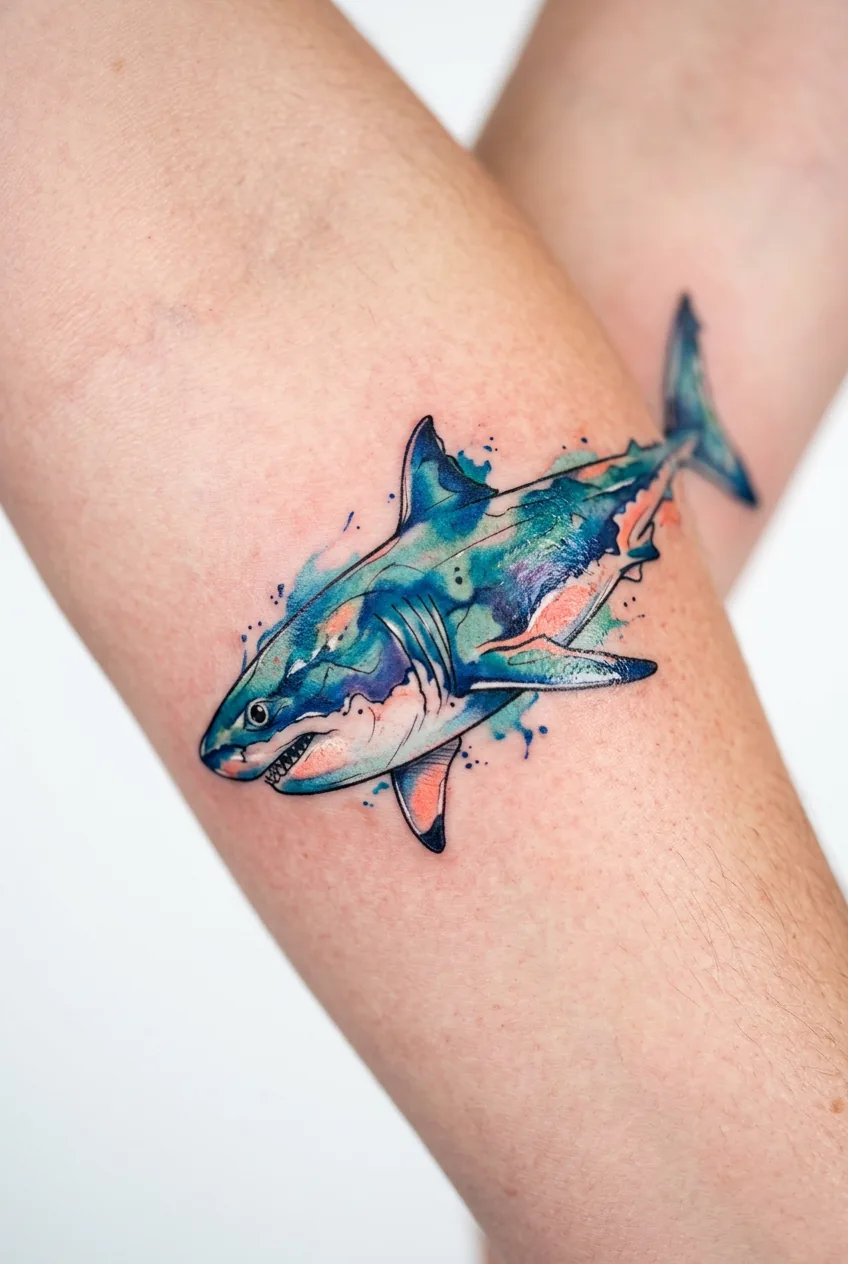 Fresh watercolor shark tattoo displaying natural color gradients from blues to white belly