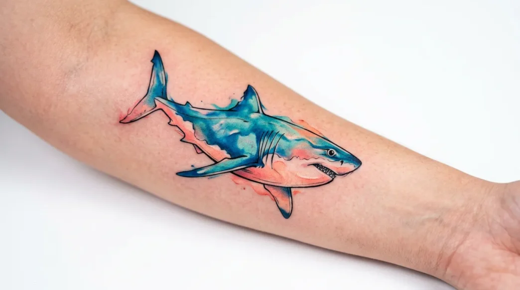 Fresh watercolor shark tattoo on woman's forearm showing blue and coral color bleeding effects