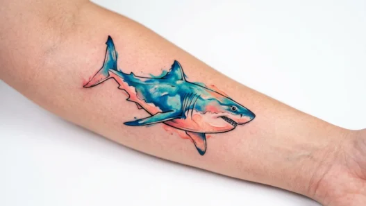 Fresh watercolor shark tattoo on woman's forearm showing blue and coral color bleeding effects