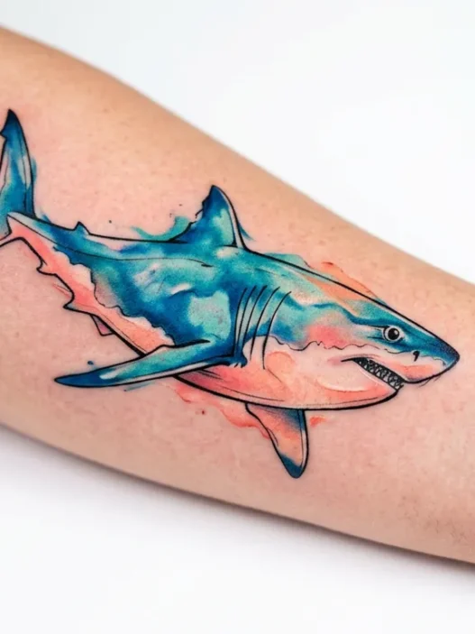 Fresh watercolor shark tattoo on woman's forearm showing blue and coral color bleeding effects