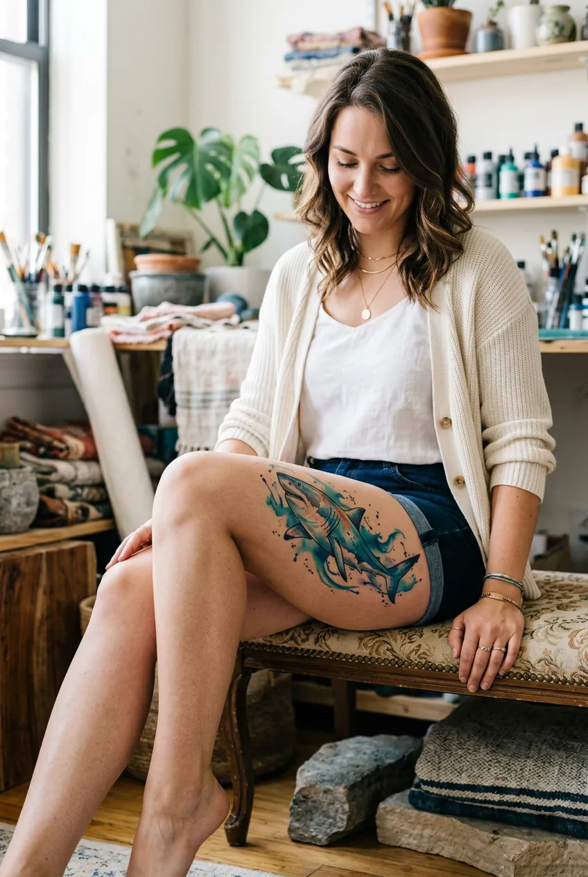 Woman displaying colorful watercolor style shark tattoo with blue and teal splashes on thigh