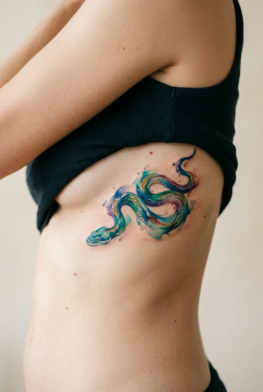 Watercolor style snake tattoo on woman's ribcage with flowing colors and artistic brush stroke effects