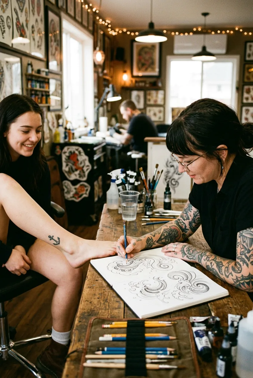 Tattoo artist sketching wave designs on paper beside client