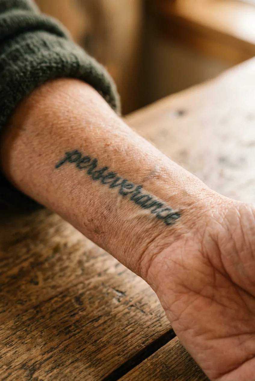 Close-up of weathered script tattoo on wrist showing how black ink has naturally softened over time