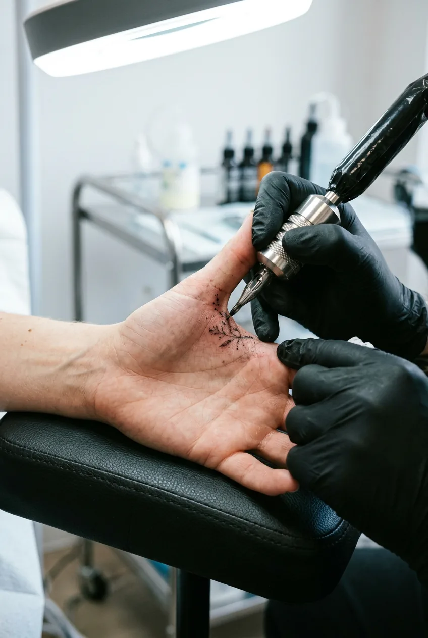 Close-up of tattoo needle working on sensitive web space between woman's thumb and index finger
