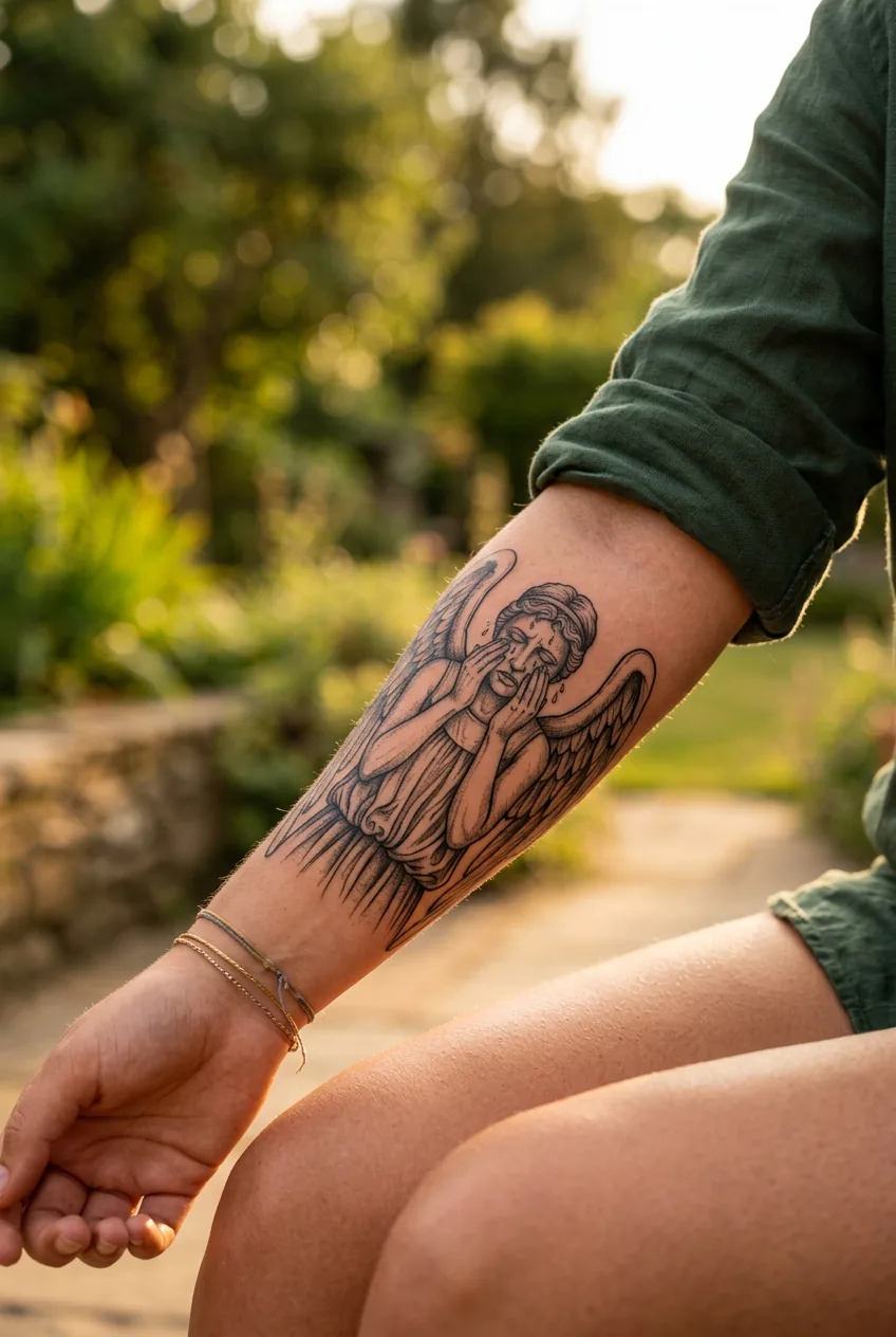 Woman showing weeping angel tattoo with tear details and sorrowful expression on forearm